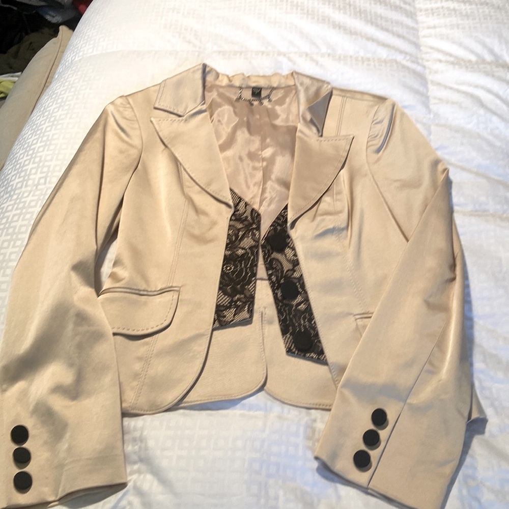 Bebe Satin and Accent Black Lace Jacket and Pant Suit